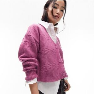 Topshop ASOS Basket Weave Stitch Cardigan Bright Pink XS NEW